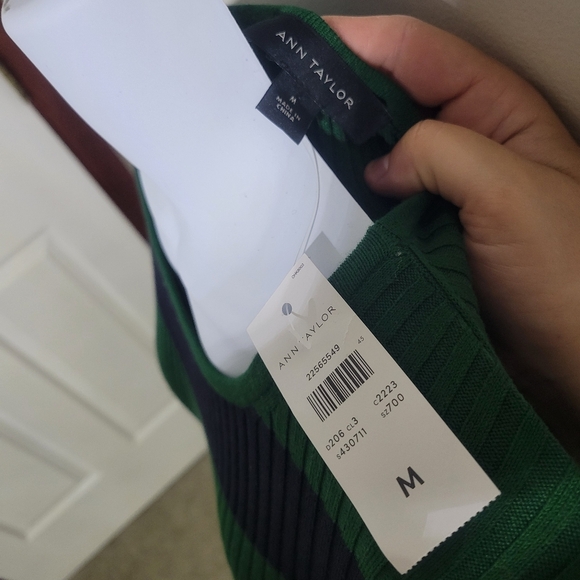 NWT Ann Taylor Striped Rib-Knit Top with Ruffle Hem - Emerald and Navy Size M - Picture 2 of 6